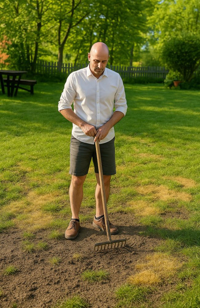 Homme préparant le sol avec un râteau pour installer une nouvelle pelouse